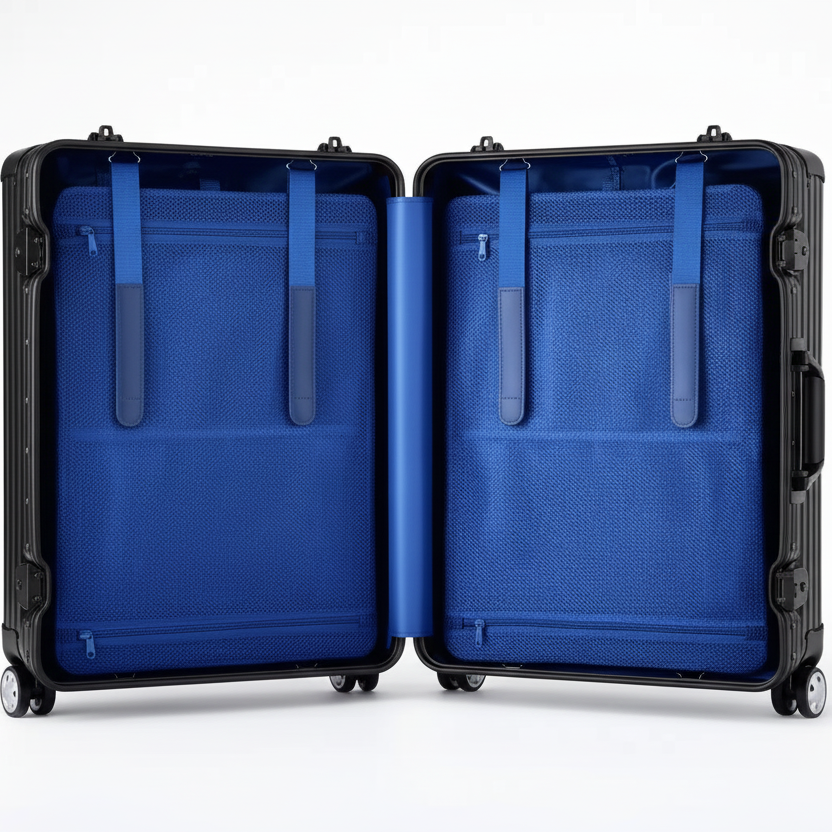 Valise aluminium noir avec intérieur bleu